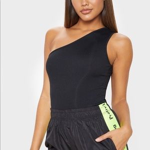 One shoulder black ribbed bodysuit